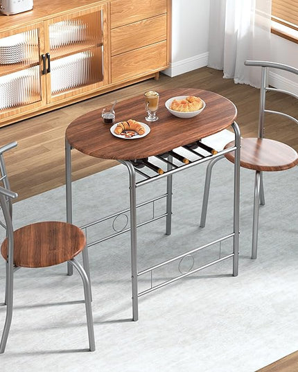 VECELO 3-Piece Dining Table Set for Kitchen Breakfast Nook, Wood Grain Oval Tabletop and Metal Frame with Built-in Wine Rack, for Small Spaces, 31.5", Brown & Silver - LeafyLoom
