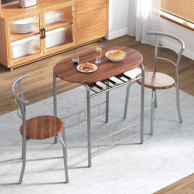 VECELO 3-Piece Dining Table Set for Kitchen Breakfast Nook, Wood Grain Oval Tabletop and Metal Frame with Built-in Wine Rack, for Small Spaces, 31.5", Brown & Silver - LeafyLoom
