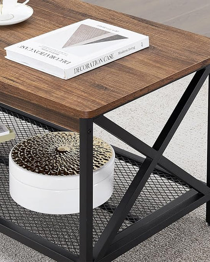 VECELO Coffee Center Table with Storage Shelf for Living Room Office Reception, Rectangle, Brown - LeafyLoom