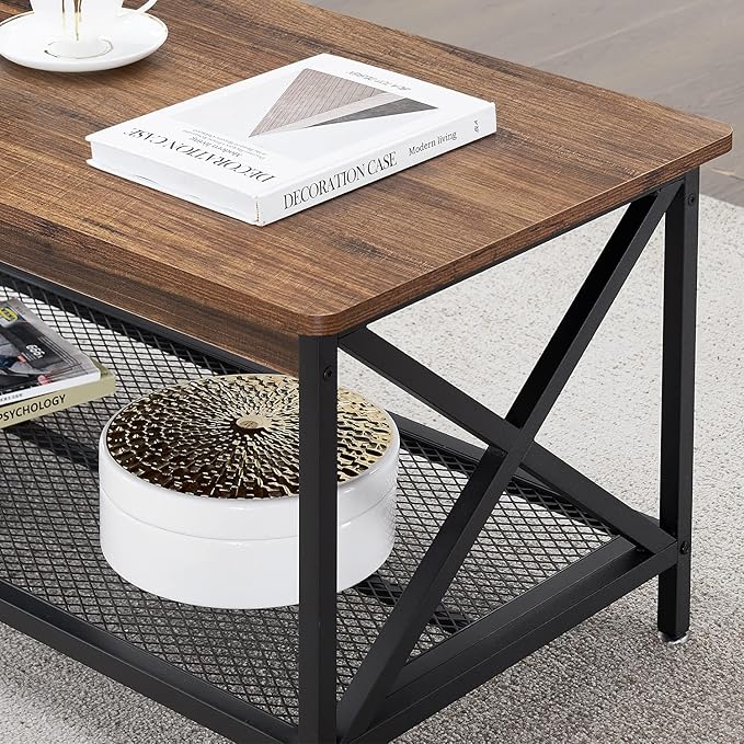 VECELO Coffee Center Table with Storage Shelf for Living Room Office Reception, Rectangle, Brown - LeafyLoom