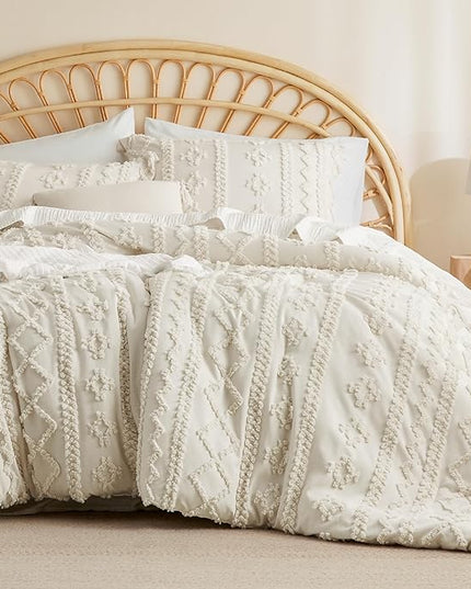Bedsure Tufted Boho Comforter Set Full - Beige Boho Bedding Comforter Set, 3 Pieces Farmhouse Shabby Chic Embroidery Bed Set, Soft Jacquard Comforter for All Seasons - LeafyLoom
