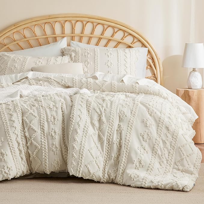 Bedsure Tufted Boho Comforter Set Full - Beige Boho Bedding Comforter Set, 3 Pieces Farmhouse Shabby Chic Embroidery Bed Set, Soft Jacquard Comforter for All Seasons - LeafyLoom