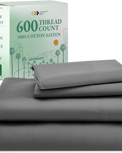 California Design Den Luxury Twin XL Sheet Set - 100% Cotton, 600 Thread Count Deep Pocket XL Twin Sheets, Hotel-Quality Bedding with Soft Sateen Weave - Grey - LeafyLoom