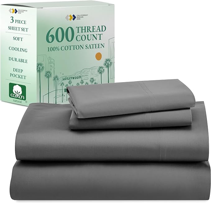 California Design Den Luxury Twin XL Sheet Set - 100% Cotton, 600 Thread Count Deep Pocket XL Twin Sheets, Hotel-Quality Bedding with Soft Sateen Weave - Grey - LeafyLoom