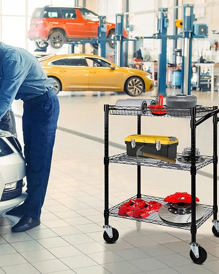 3 Tier Heavy Duty Rolling Utility Cart,18"D x 23.8"W x 36.6"H Rolling Carts with Wheels,Commercial Grade Metal Cart with Handle Bar & Shelf Liner,Trolley Serving Storage Cart for Kitchen Black - LeafyLoom