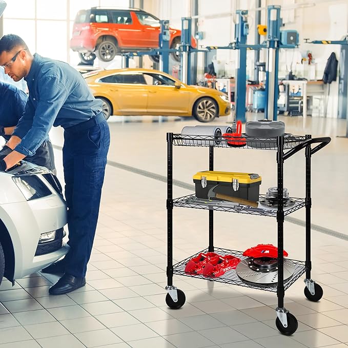3 Tier Heavy Duty Rolling Utility Cart,18"D x 23.8"W x 36.6"H Rolling Carts with Wheels,Commercial Grade Metal Cart with Handle Bar & Shelf Liner,Trolley Serving Storage Cart for Kitchen Black - LeafyLoom