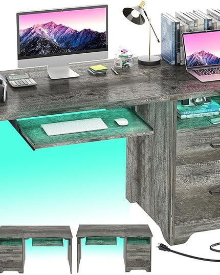 55 Inch Computer Desk with Smart LED Light and Power Outlet, Reversible Office Desk with File Cabinet, Modern Sturdy Writing Table Gaming Desk with Drawers and Keyboard Tray, Black Oak - LeafyLoom
