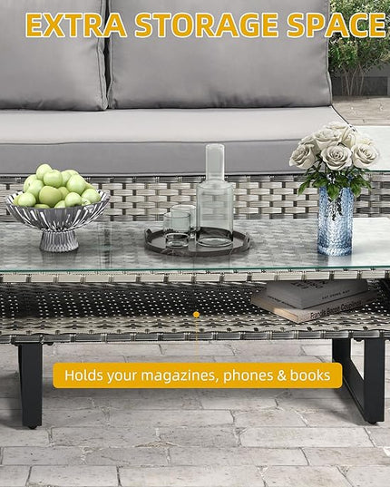 DWVO Patio Furniture Set, Sectional L-Shaped Sofa, for Patio Backyard Poolside Porch, Wicker Conversation Set with Coffee Table & Cushions, Detachable Lounger, All-Weather Rattan, Grey - LeafyLoom