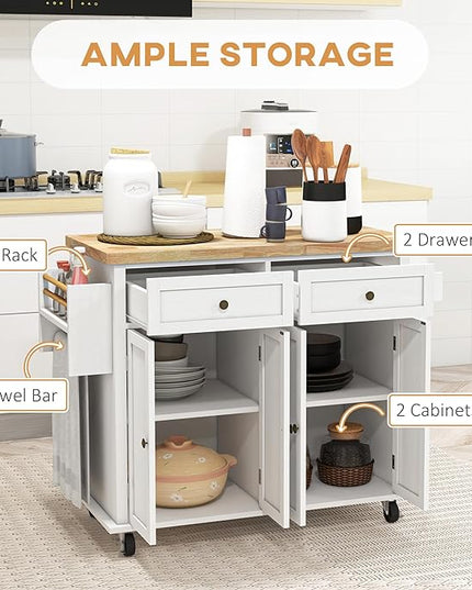 HOMCOM Kitchen Island on Wheels, Rolling Cart with Rubberwood Top, Spice Rack, Towel Rack and Drawers for Dining Room, Distressed White - LeafyLoom