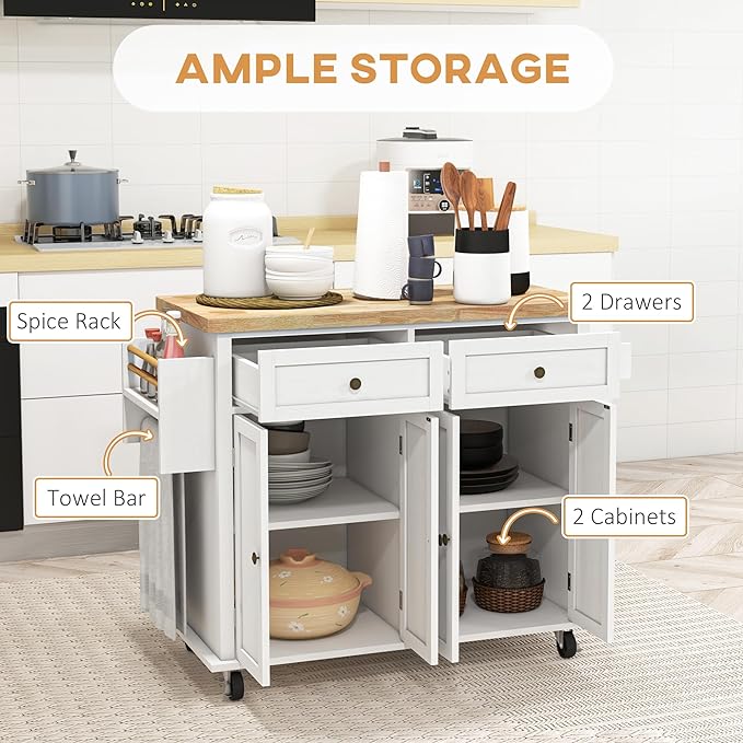HOMCOM Kitchen Island on Wheels, Rolling Cart with Rubberwood Top, Spice Rack, Towel Rack and Drawers for Dining Room, Distressed White - LeafyLoom