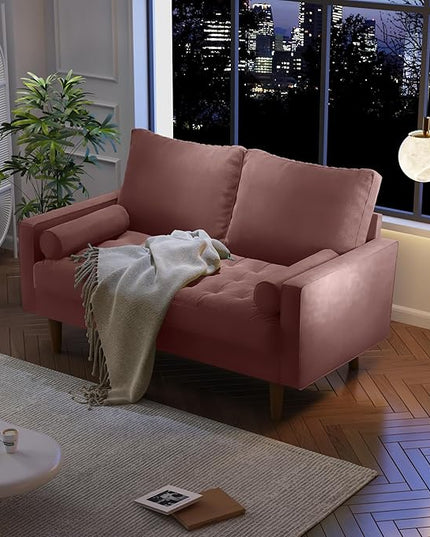 Velvet Furniture for Small Spaces, Mid-Century Modern Loveseats for Living Room, Love Seat Couch Sofas, 58 Inches, Rose - LeafyLoom