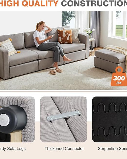 Sweetcrispy Convertible Modular Sectional Sofa, 4 Seat Sectional Couches for Living Room, L-Shaped Modern Fabric Modular Sofa Sleeper with Double Chaise for Home, Apartment, Dorm, Grey - LeafyLoom