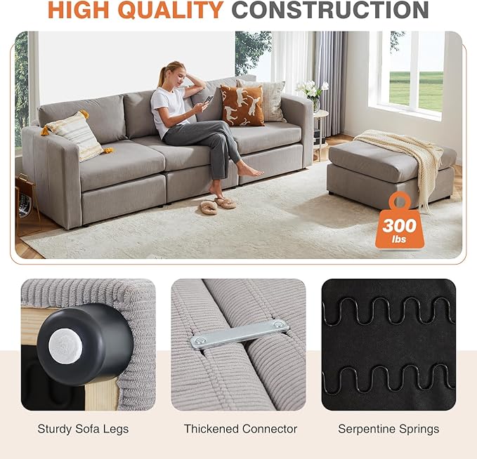 Sweetcrispy Convertible Modular Sectional Sofa, 4 Seat Sectional Couches for Living Room, L-Shaped Modern Fabric Modular Sofa Sleeper with Double Chaise for Home, Apartment, Dorm, Grey - LeafyLoom