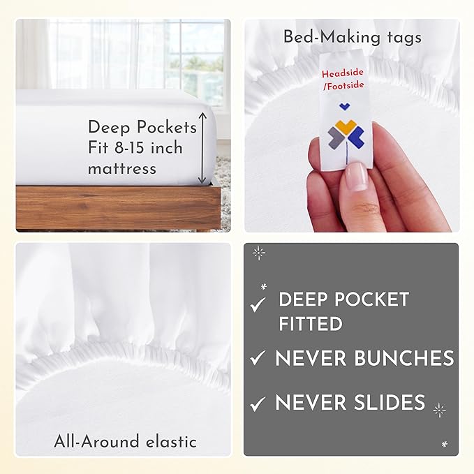 California Design Den Split King Sheets Sets for Adjustable Bed, Good Housekeeping Award Winner, 400 Thread Count 100% Cotton Sheets, Soft Sateen Bed Sheets Set - 2 Twin-XL Fitted Sheets, White Sheets - LeafyLoom