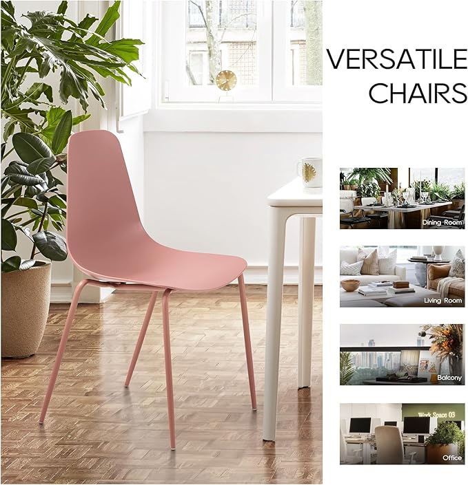COLAMY Stackable Dining Chairs Set of 4, Indoor Outdoor Dining Room Side Chairs with Metal Legs, Modern Plastic Patio Chairs for Home/Kitchen/Office/Resturant/Bistro/Cafe, Pink - LeafyLoom