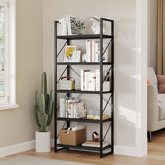 YITAHOME 5-Tier Bookshelf, Freestanding Black Book Shelf, Modern Minimalist Open Display Storage Book Shelves Standing Shelving Unit for Living Room Bedroom Home Office, Black - LeafyLoom