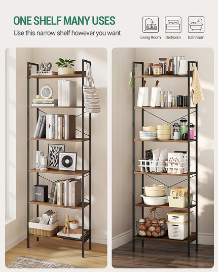 Bookshelf, Book Shelf, Industrial Bookcase with 2 Hooks, Coner Shelf Storage Organizer for Home Office, Living Room, Bedroom, Kitchen, 6-Tier Rustic Brown BC22701B - LeafyLoom