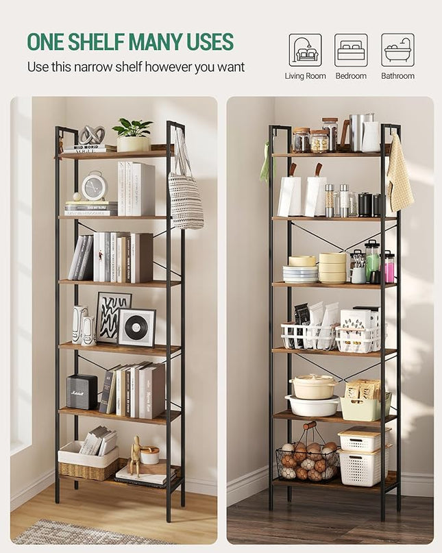 Bookshelf, Book Shelf, Industrial Bookcase with 2 Hooks, Coner Shelf Storage Organizer for Home Office, Living Room, Bedroom, Kitchen, 6-Tier Rustic Brown BC22701B - LeafyLoom
