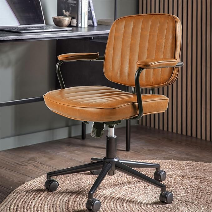 Arts wish Mid Century Office Chair Leather Desk Chair Brown Office Desk Chair Home Office Chair with Wheels and Arms - LeafyLoom