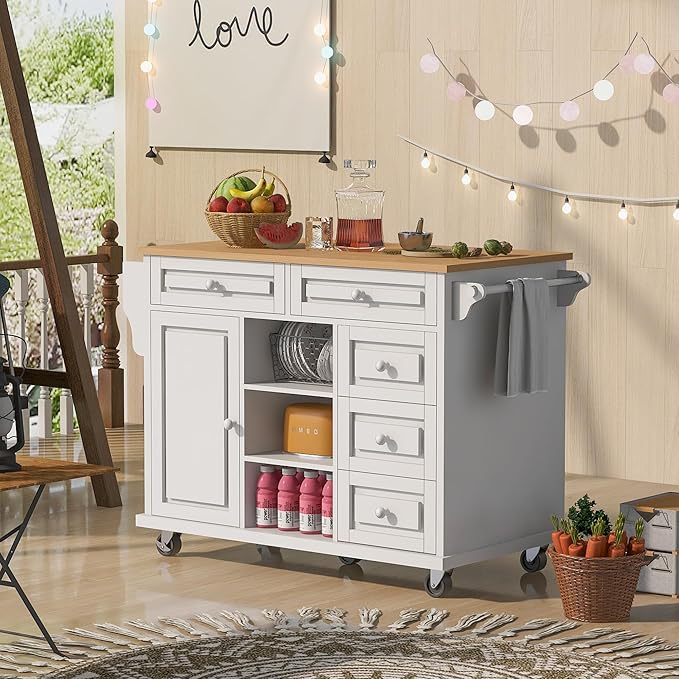 Kitchen Island with Storage on Wheels, Kitchen Island Cart w/Storage Cabinets and 5 Drawers, 2 Adjustable Shelf, Wood Countertop& Spice Rack for Dinning Room, Coffee Bar, - LeafyLoom