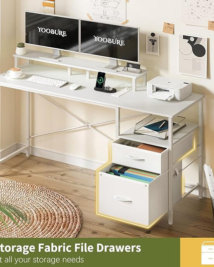 Yoobure Computer Desk, Office Desk with LED Lights & Power Outlets, Gaming Desk with Fabric File Cabinet, 55.1" Home Office Desks， Writing Desk with Drawers, Computer Table with Long Monitor Stand - LeafyLoom