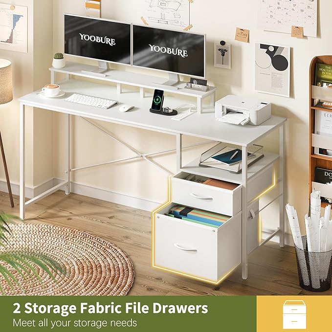 Yoobure Computer Desk, Office Desk with LED Lights & Power Outlets, Gaming Desk with Fabric File Cabinet, 55.1" Home Office Desks, Writing Desk with Drawers, Computer Table with Long Monitor Stand - LeafyLoom