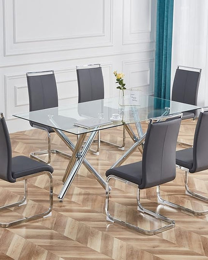 Dining Chairs Set, Kitchen Modern Metal Chairs with Faux Leather Padded Seat High Back and Sturdy Chrome Legs, Chairs for Dining Room (Grey, Set of 6) - LeafyLoom