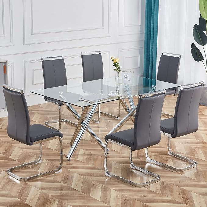 Dining Chairs Set, Kitchen Modern Metal Chairs with Faux Leather Padded Seat High Back and Sturdy Chrome Legs, Chairs for Dining Room (Grey, Set of 6) - LeafyLoom