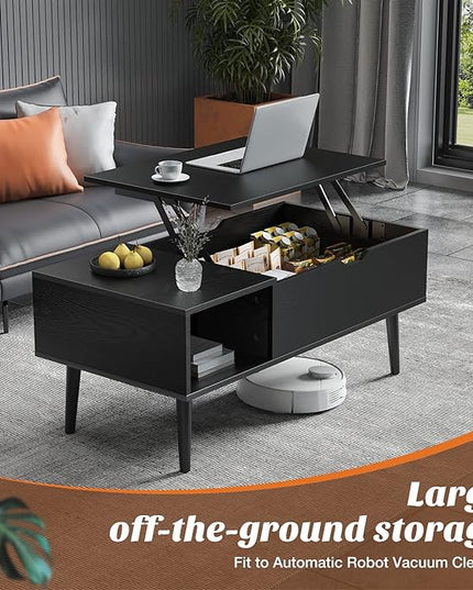 Sweetcrispy Coffee Table Black, Lift Top Coffee Tables for Living Room, Small Rising Wooden Dining Center Tables with Storage Shelf and Hidden Compartment - LeafyLoom