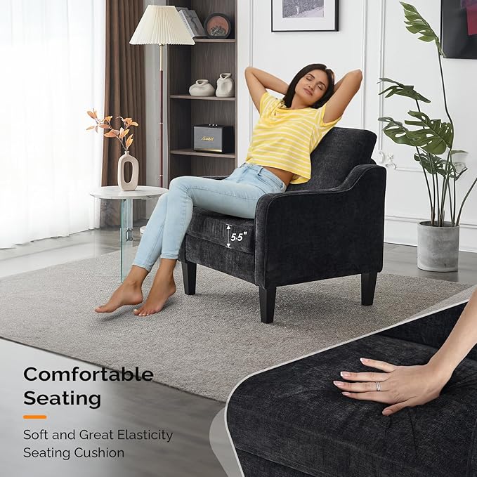 VINGLI Accent Chairs for Living Room Chairs Reading Chair Mid Century Modern Chair Soft Chenille Sofa Chair Upholstered Arm Chair Comfy Chair Side Chair (Black Chenille) - LeafyLoom