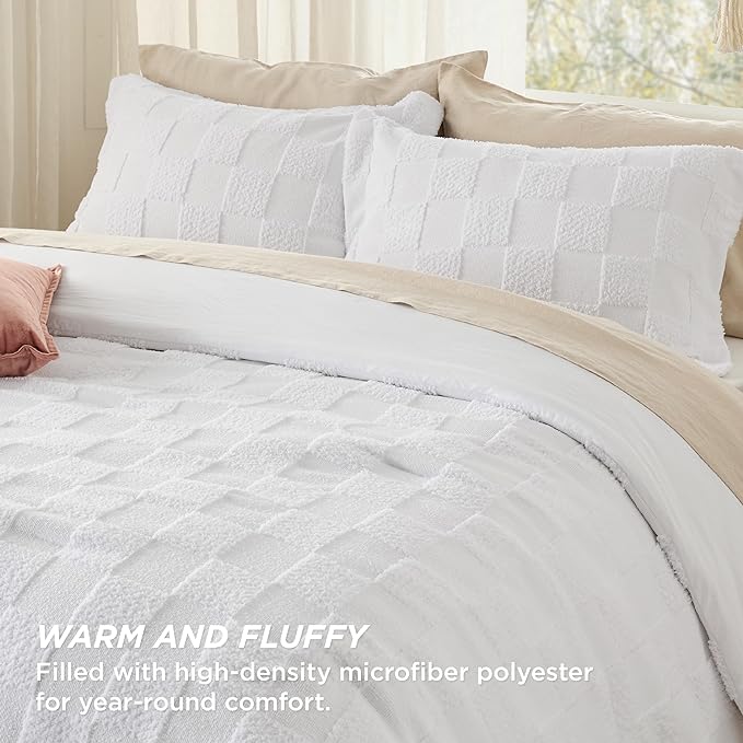 Bedsure King Size Comforter Set White, Boho Tufted Bedding Comforter Set, Checkered Farmhouse Shabby Chic Bed Set, 3 Pieces, 1 Plaid Geometric Comforter and 2 Pillow Shams - LeafyLoom