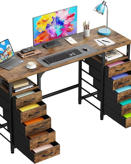 Desk with 10 Fabric Drawers Classified Organizer - 55"/140 Office Desks with Ample Storage, Computer Work Desk Study Writing Table Workstation for Home Office Space Brown - LeafyLoom
