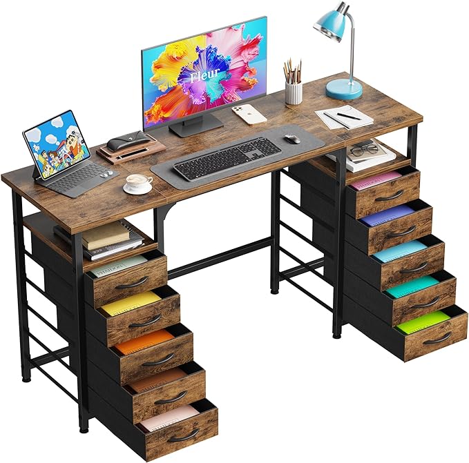 Desk with 10 Fabric Drawers Classified Organizer - 55"/140 Office Desks with Ample Storage, Computer Work Desk Study Writing Table Workstation for Home Office Space Brown - LeafyLoom