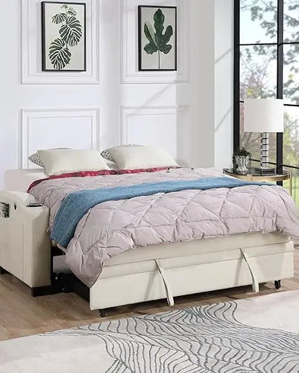 3 in 1 Oversized Convertible Sleeper Loveseat Sofa Pull Out Couch Bed Lounge Chaise with USB Charger and Cupholders for Living Room Office, Beige 71" - LeafyLoom