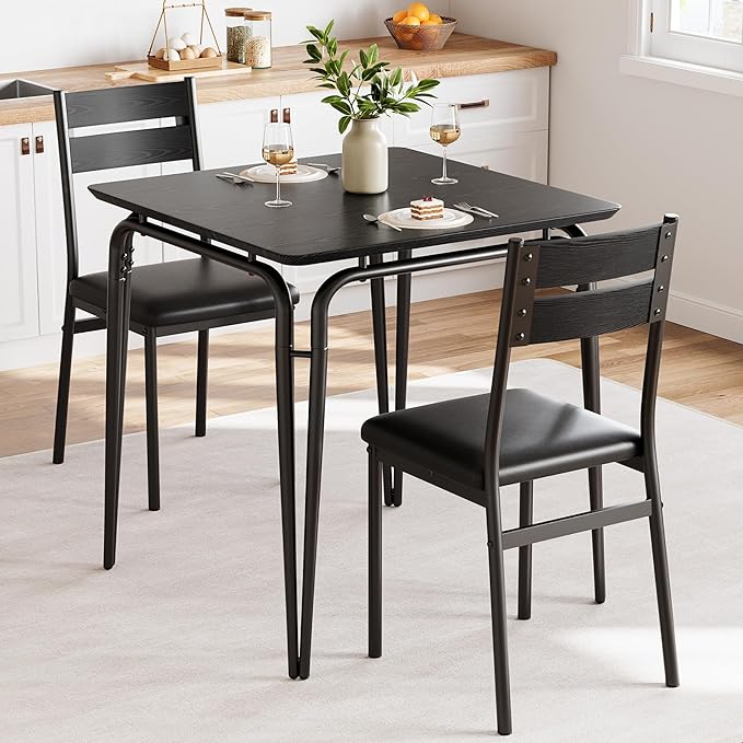 Dining Table for 2, Small Table and Chairs Set of 2, Square Dinette Set for 2, Dinner Table Set, 3 Piece Kitchen & Dining Room Sets for Small Space, Apartment (Black, Dining Table with 2 Chairs) - LeafyLoom