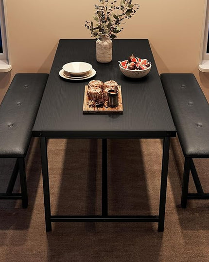 GAOMON Dining Table Set for 4, Kitchen Table with Benches, Rectangular Dining Room Table Set with 2 Upholstered Benches, 3 Piece Kitchen Table Set for Small Space, Apartment, Studio, Retro Black - LeafyLoom