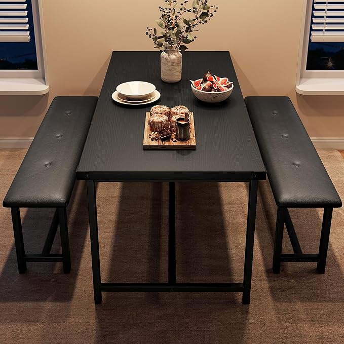 GAOMON Dining Table Set for 4, Kitchen Table with Benches, Rectangular Dining Room Table Set with 2 Upholstered Benches, 3 Piece Kitchen Table Set for Small Space, Apartment, Studio, Retro Black - LeafyLoom