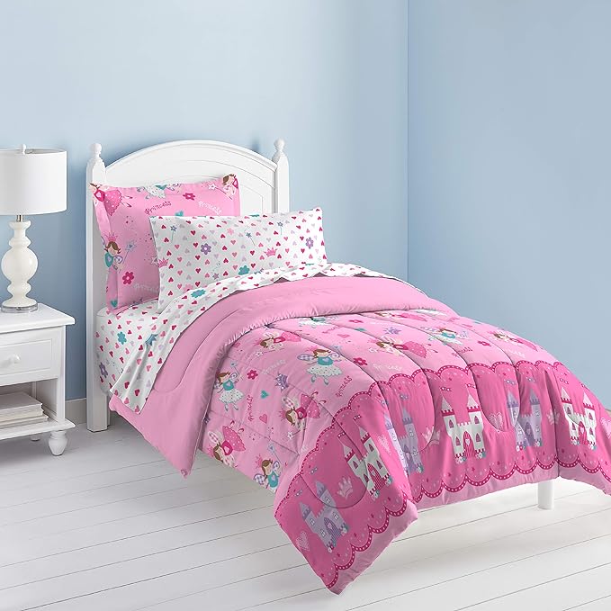 Dream Factory Magical Princess Ultra Soft Microfiber Girls Comforter Set, Pink, Twin - LeafyLoom