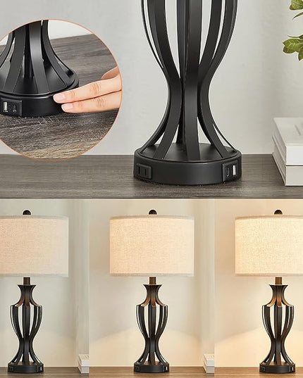 23.25'' Metal Table Lamp Set of 2 for Living Room, 3-Way Touch Control Black Iron Scroll Table Lamps with USB Ports and AC Outlets(Bulbs Included) - LeafyLoom