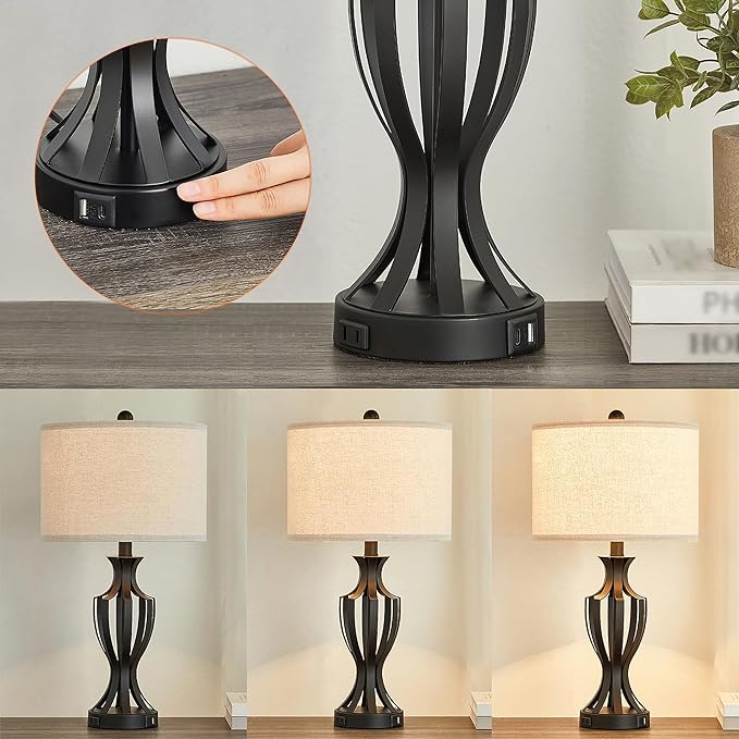 23.25'' Metal Table Lamp Set of 2 for Living Room, 3-Way Touch Control Black Iron Scroll Table Lamps with USB Ports and AC Outlets(Bulbs Included) - LeafyLoom