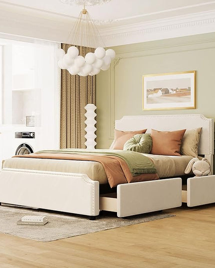 Queen Size Bed Frame with 4 Storage Drawers, Elegant Velvet Upholstered Platform Bed with Stud Trim Headboard and Footboard, Bedroom Furniture, No Box Spring Needed, Beige - LeafyLoom
