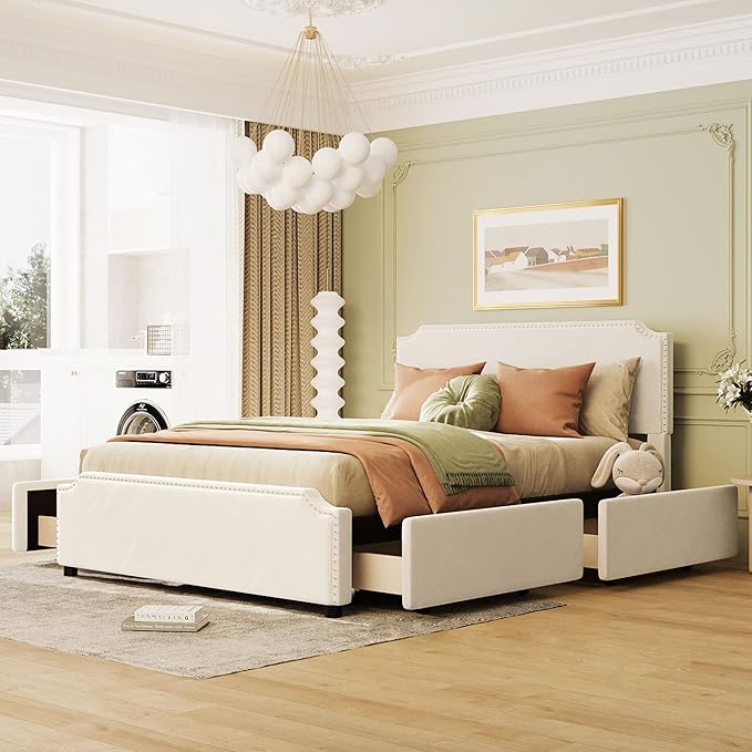 Queen Size Bed Frame with 4 Storage Drawers, Elegant Velvet Upholstered Platform Bed with Stud Trim Headboard and Footboard, Bedroom Furniture, No Box Spring Needed, Beige - LeafyLoom