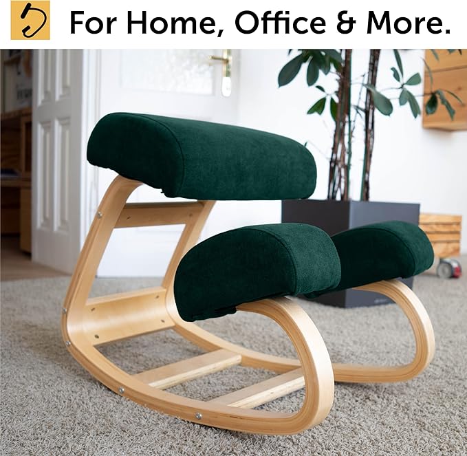 Ergonomic Kneeling Office Chair - Rocking Home & Work Wooden Computer Desk Chairs, Back & Neck Spine Pain, Better Posture, Ergo Knee Support Stool, Cross Legged Sitting (Green) - LeafyLoom