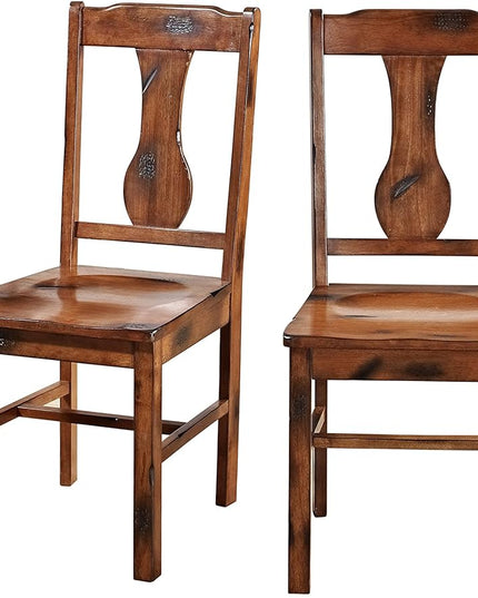 Walker Edison Rustic Farmhouse Wood Distressed Dining Room Chairs Kitchen Armless Dining Chairs Kitchen, Set of 2, Brown Oak - LeafyLoom