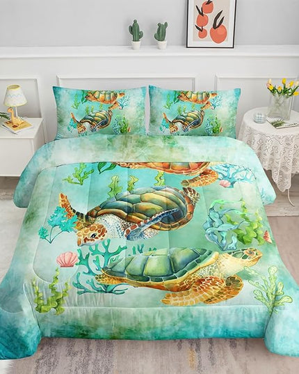 Datura home Sea Turtle Comforter Bedding Set for Kids Teens Adults,Watercolor Sea Turtle Light-Green and Blue Coral Seaweed Ocean Themed Comforter with 2 Pillowcases(Turtle Full),Green Turtle - LeafyLoom