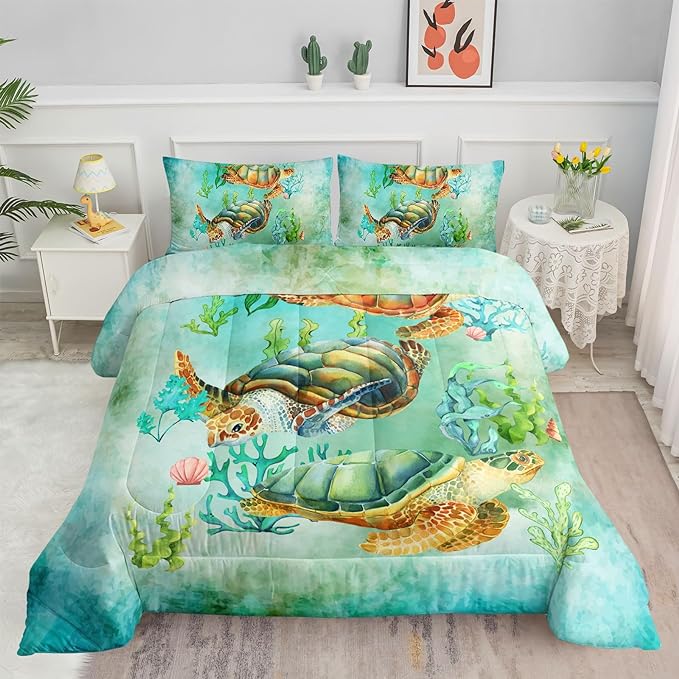 Datura home Sea Turtle Comforter Bedding Set for Kids Teens Adults,Watercolor Sea Turtle Light-Green and Blue Coral Seaweed Ocean Themed Comforter with 2 Pillowcases(Turtle Queen),Green Turtle - LeafyLoom