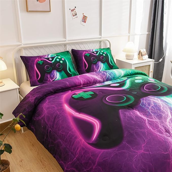 Meeting Story Gamer Gaming Bedding Sets Red Blue Lightnings Gamepad Comforter Set for Boys Games Console Action Buttons Novelty Colorful Modern Room Decor Home Quilt Set (Green-Purple, Full) - LeafyLoom