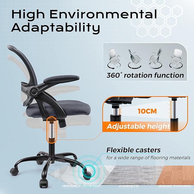 KERDOM Office Chair, Ergonomic Desk Chair, Mesh Computer Chair Height Adjustable, Comfy Swivel Task Chair with Wheels and Flip-up Arms - LeafyLoom