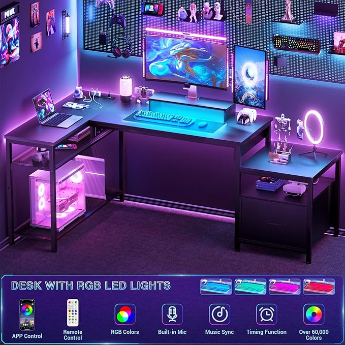 Aheaplus L Shaped Desk with Power Outlet, Standing Home Office Desk with Lift Top and File Drawer, 63'' Corner Computer Desk with Monitor Stand&Printer Shelves, Gaming Desk with Led Lights, Black - LeafyLoom