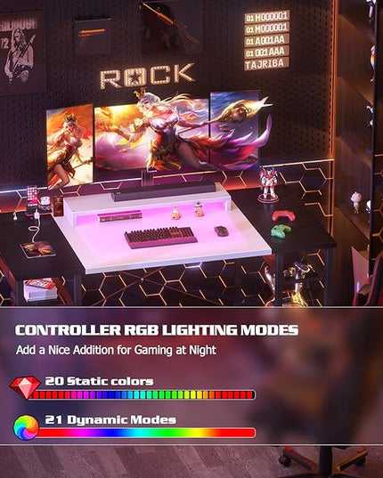 armocity Computer Desk with LED Lights, 55 Inch Desk with Power Outlet and USB, Reversible Large Desk with Moveable Monitor Stand, 55.2'' Gaming PC Table for Home Office, Workstation, White and Black - LeafyLoom